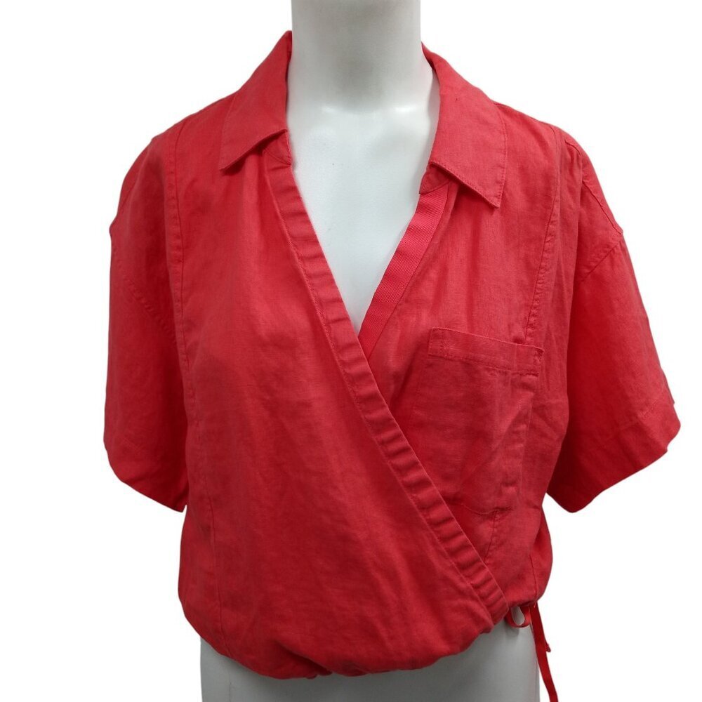 Athleta Playa 100% Linen Short Sleeve Collared Wrap Shirts Size L Coral Resort